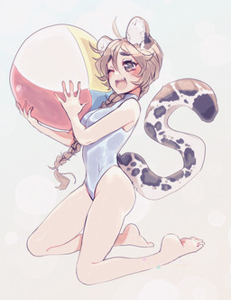 ball beach_ball big_ears blush braided_hair braided_ponytail brown_hair clothing female hair inflatable inner_ear_fluff long_hair markings one-piece_swimsuit one_eye_closed open_mouth ponytail simple_background smile solo spots spotted_markings spotted_tail swimwear tail tail_markings tuft teil felid humanoid leopard mammal pantherine hi_res
