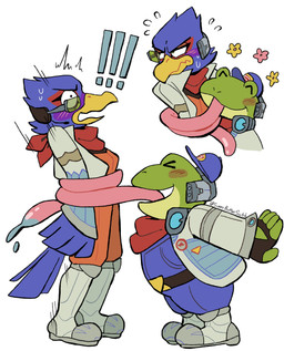 anthro baseball_cap beak blue_body blush blush_lines bodily_fluids boots clothed clothing dripping electronics exclamation_point extended_tongue eyes_closed feather_hands feathers fingerless_gloves flower footwear glistening glistening_tongue gloves green_body handwear hat headgear headphones headset headwear jacket kerchief long_tongue male neckerchief neckwear open_clothing open_jacket open_mouth open_topwear pink_tongue plant saliva saliva_drip shoes slightly_chubby slightly_chubby_male tongue tongue_out topwear wrapped_body yellow_beak superbutterscotch nintendo star_fox falco_lombardi slippy_toad amphibian avian bird falcon falconid frog hi_res