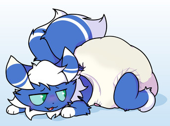 2_tails 3_fingers ambiguous_gender anthro big_diaper blue_background blue_body blue_ears blue_fur blue_sclera blue_tail blush clothed clothing diaper diaper_only dipstick_ears dipstick_tail ear_markings feces fingers fur gloves_(marking) huge_diaper leg_markings looking_back lying markings multi_tail multicolored_body multicolored_ears multicolored_fur narrowed_eyes on_front open_mouth open_smile simple_background smile snaggle_tooth socks_(marking) soiled_diaper soiling solo tail tail_markings three-quarter_view topless two_tone_body two_tone_ears two_tone_fur two_tone_tail unclean_diaper used_diaper wearing_diaper white_body white_ear_tips white_ears white_fur white_tail white_tail_tip rapoof nintendo pokemon generation_6_pokemon meowstic meowstic_(male) pokemon_(species) 2022 full-length_portrait hi_res portrait