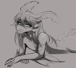 anthro arm_fins claws dorsal_frill eyelashes fin finger_claws frill_(anatomy) hair looking_at_viewer lying male nude on_front pupils scales slit_pupils solo ishimaurell fish marine greyscale monochrome