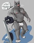 anthro barbell belly big_muscles bodily_fluids body_hair chest_hair clawed_fingers claws clothed clothing cum genital_fluids hairy jockstrap jockstrap_only leaking_cum leaking_precum looking_at_viewer male moobs musclegut muscular musk musk_clouds nipples precum solo speech_bubble stocky sweat sweatdrop text toe_claws topless underwear underwear_only vain vains weights sheenie gym_pals american_pit_bull_terrier canid canine canis domestic_dog hunting_dog mammal pit_bull terrier 4:5 english_text hi_res