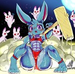 abs anthro bodily_fluids breasts camel_toe cottontail female food heart_eyes heart_symbol hi_res kurasuto_(cottontail) lagomorph leporid mammal mochi muscular muscular_female nipple_outline outer_labia rabbit solo sweat thick_thighs under_boob