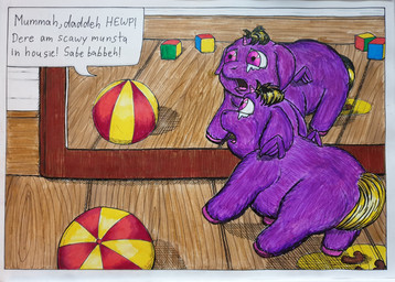 1_horn ambiguous_feral ambiguous_gender baby_talk ball blonde_hair bodily_fluids crying dialogue feces feral floor fur genital_fluids hair hooves horn mirror monotone_body monotone_fur open_mouth pink_eyes pink_hooves pink_horn purple_body purple_fur purple_wings reflection scared speech_bubble standing tail tears text toy_block urine wings wood wood_floor yellow_tail young young_ambiguous young_feral the_master_butcher fluffy_pony mythology equid equine fluffy_pony_(species) mammal mythological_creature mythological_equine winged_unicorn absurd_res english_description english_text hatching_(art) hi_res shaded traditional_media_(artwork)