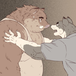 angry anthro brown_body brown_fur clothing duo fur humanoid_hands kemono male musclegut muscular overweight overweight_male shirt topwear gadoran canid canine canis domestic_dog mammal suid suine sus_(pig) wild_boar 1:1 2025