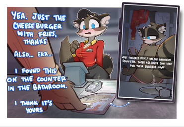 ambiguous_gender anthro anthro_focus anus bathroom blackmail blush bodily_fluids breasts brown_body brown_fur butt cellphone clothing dialogue disembodied_hand duo electronics fast_food_employee fast_food_uniform female female_focus fluffy fluffy_tail fur genital_fluids genitals hat headgear headwear inner_ear_fluff long_sleeves mirror mirror_selfie phone profanity public_restroom ruined_reputation selfie shirt smartphone solo_focus store tail text topwear tuft unprofessional_behavior vaginal_fluids vulva wide_hips lilidae mammal procyonid raccoon english_text hi_res
