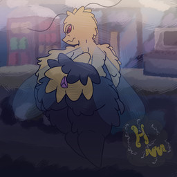 antennae_(anatomy) anthro big_butt black_sclera bottom_heavy butt cash_register fluffy fluffy_tail hand_on_butt looking_back male multi_arm multi_limb nude presenting presenting_hindquarters public public_nudity red_eyes shortstack solo store tail tail_anus thick_thighs wide_hips wings hurricane_weaver arthropod bee hymenopteran insect 1:1