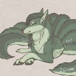 4_eyes abdominal_bulge ear_piercing ear_ring facial_markings female female_pred feral forehead_markings fully_inside fur green_body green_fur head_markings long_tail markings multi_eye multi_tail neck_bulge paws piercing ring_piercing solo struggling struggling_prey swallowing swallowing_sound_effect tail vore longtailshorttemper zalia_(longtailshorttemper) canid canine canis greenwolf mammal wolf 1:1 hi_res