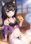 beverage black_hair bodily_fluids bottomwear bracelet clothed clothing container cup electric_fan eyewear female green_eyes hair holding_container holding_cup holding_object jewelry navel shorts solo sunglasses sweat 2drr cygames princess_connect! princess_connect!_re:dive karyl_(princess_connect!) animal_humanoid cat_humanoid felid felid_humanoid feline feline_humanoid humanoid mammal mammal_humanoid 2020 hi_res