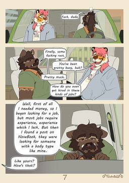 anthro beard brown_body brown_fur car dialogue duo ear_piercing facial_hair facial_piercing fur hair male nose_piercing orange_body orange_fur piercing pink_hair profanity text vehicle toichibear noodle_(davezdumpster) tepache_(tepache) felid hyena mammal pantherine tiger absurd_res comic english_text hi_res