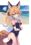 black_tail_tip blue_clothing blue_swimwear breasts clothing collarbone dessert dipstick_ears dipstick_tail ear_markings eyebrows eyelashes female food glistening hair heart_symbol ice_cream inner_ear_fluff licking long_hair looking_at_viewer markings multicolored_ears one-piece_swimsuit orange_eyes orange_hair small_breasts solo swimwear tail tail_markings tongue tuft kolshica kemono_friends ezo_red_fox_(kemono_friends) animal_humanoid canid canid_humanoid canine canine_humanoid fox_humanoid humanoid mammal mammal_humanoid 2024 hi_res pictographics