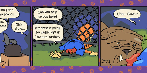 anthro barefoot bedsheet_ghost black_body black_eyebrows black_fur black_hair black_nose bottomless box brown_body brown_fur candy_bucket candy_pail cardboard cardboard_armor cardboard_box clothed clothing container costume dialogue dipstick_tail eyebrows eyelashes feet female fence feral fox_tail fur ghost_costume grey_body grey_fur group hair halloween_costume handwear holidays jack-o'-lantern looking_at_another male markings multicolored_body multicolored_fur no_underwear onomatopoeia orange_body orange_eyes orange_fur orange_tail rabbit_ears raccoon_tail raised_tail red_hair ring_(marking) ringed_tail sniffing sound_effects speech_bubble striped_markings striped_tail stripes stuck tail tail_markings talking_to_another tan_clothing tan_gloves tan_handwear tan_tail_tip text white_eyes young young_anthro young_female young_male bisonvega halloween bunny_boy_(bisonvega) fox_girl_(bisonvega) raccoon_gal_(bisonvega) canid canine canis domestic_dog fox lagomorph leporid mammal procyonid rabbit raccoon 2025 comic english_text hi_res