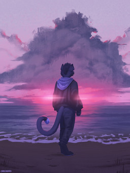 anthro atmospheric barefoot beach bottomwear clothing cloud cloudy_sky dipstick_tail feet fur hoodie male markings outside pants rear_view sea sky solo standing sunset tail tail_markings topwear water oreobird mythology oreos_(oreobird) avian gryphon mythological_avian mythological_creature 2025 3:4 digital_media_(artwork) signature