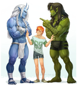 5_toes beard black_hair blue_body blue_skin bottomwear bulge clothed clothing crossed_arms ear_piercing facial_hair feet frown green_body green_skin group hair horn humanoid_feet loincloth male muscular muscular_male not_furry orange_hair piercing plantigrade size_difference toes tusks white_hair lay-lo asian_mythology east_asian_mythology flexible_survival japanese_mythology mythology eric_(flexible_survival) rane_(flexible_survival) urik_(flexible_survival) demon human humanoid mammal oni orc yokai