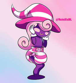 blush clothing diaper female gloves hair hair_over_eyes hand_on_face handwear hat headgear headwear legless pink_hair purple_body purple_skin simple_background smile solo vainilladl white_clothing white_gloves white_handwear witch_hat owo0422 mario_bros nintendo paper_mario vivian_(mario) ghost shadow_creature shadow_siren spirit hi_res trans_(lore) trans_woman_(lore)