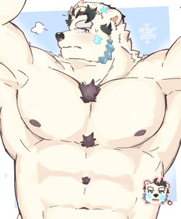 anthro arms_above_head barazoku blue_background bodily_fluids breath chibi_face clothed clothing embarrassed fur head_turned head_turned_sideways looking_at_viewer male male/male multicolored_body multicolored_fur nipples nude pecs puft_of_breath raised_arm raised_arms simple_background snowflake solo sweat sweatdrop topless topless_male white_background white_body white_fur winter g-1ahar lifewonders tokyo_afterschool_summoners jack_frost_(tas) bear mammal shaded simple_shading