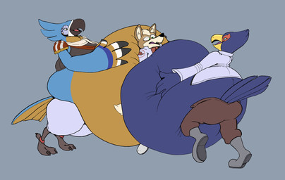 2_toes 4_fingers anklet anthro belly belly_smother belly_squish between_bellies big_belly big_hands blue_belly blue_body blue_feathers boots bottomless bottomwear brown_bottomwear brown_clothing brown_pants clothed clothing feather_hands feathers feet fingers footwear fully_clothed green_eyes grey_background grey_boots grey_clothing grey_footwear grey_jacket grey_topwear group hand_on_belly hand_on_own_belly holding_belly huge_belly hyper hyper_belly inner_ear_fluff jacket jewelry male open_mouth open_smile orange_belly pants red_scarf scarf shoes side_view simple_background smile squish standing surprised tail tail_feathers talons tan_body toes tongue topwear trio tuft white_boots white_clothing white_footwear white_scarf yellow_eyes saphiros breath_of_the_wild nintendo star_fox the_legend_of_zelda falco_lombardi fox_mccloud kass_(tloz) avian bird canid canine fox mammal rito 2021 digital_media_(artwork)