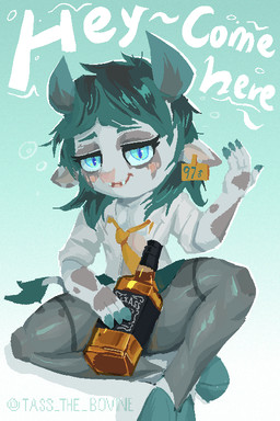 alcohol anthro beverage bottle clothed clothing container ear_piercing ear_tag femboy hooves horn looking_at_viewer male piercing solo tail topwear tass_the_bovine jack_daniel's taloss bovid bovine cattle mammal absurd_res hi_res