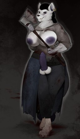 anthro balls body_hair fur genitals gynomorph hairy_balls horror_(theme) intersex muscular muscular_anthro muscular_gynomorph muscular_intersex nipples nude penis piercing solo teeth white_body white_fur fake_anna felid mammal prehistoric_species saber-toothed_tiger absurd_res hi_res