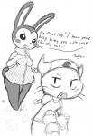 animal_crossing anthro beady_eyes blush breasts bunnie_(animal_crossing) dialogue domestic_cat duo english_text felid feline felis flaccid genitals gynomorph hi_res intersex lagomorph larger_gynomorph larger_intersex leporid male mammal monochrome nintendo penis rabbit roy_mccloud simple_background size_difference smaller_male text white_background