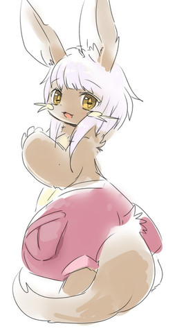 anthro blush bottomwear brown_body brown_fur clothing fur hair kemono long_hair looking_at_viewer open_mouth open_smile pants red_bottomwear red_clothing red_pants simple_background smile solo white_background white_hair yellow_eyes unknown_artist made_in_abyss nanachi lagomorph mammal narehate hi_res source_request