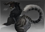 anthro arm_wraps back_muscles big_butt breath butt chain fangs female fur grey_body grey_fur grin horn huge_butt huge_thighs looking_at_viewer looking_back looking_back_at_viewer muscular muscular_anthro muscular_female raised_tail rear_view red_eyes smile solo tail teeth thick_thighs wraps csarphong guild_wars charr felid mammal absurd_res hi_res