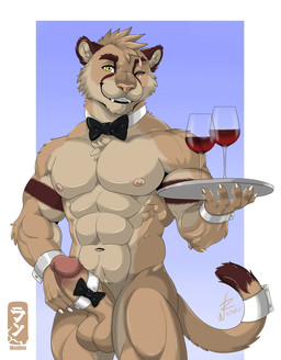 accessory anthro balls biped bow_ribbon bow_tie collar container cup drinking_glass erection furgonomics genitals glass glass_container glass_cup humanoid_genitalia humanoid_penis looking_at_viewer male male_anthro muscular muscular_anthro muscular_male one_eye_closed penis penis_accessory penis_bow penis_collar penis_ribbon ribbons smile solo standing tail tail_accessory tail_collar waiter waiter_tray wine_glass wink winking_at_viewer dragoran ricius_teck cougar felid feline mammal hi_res