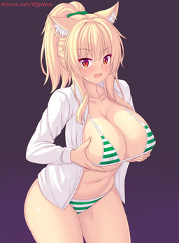 5_fingers accessory big_breasts bikini blonde_hair breasts clothed clothing cute_fangs eyebrow_through_hair eyebrows eyelashes fangs female fingers hair hair_accessory hair_tie holding_breast inner_ear_fluff long_hair looking_at_viewer navel nipple_outline open_mouth pattern_bikini pattern_clothing pattern_swimwear pupils red_eyes simple_background slit_pupils solo striped_bikini striped_clothing striped_swimwear stripes swimwear teeth text topwear translucent translucent_hair tuft two-piece_swimsuit white_clothing white_topwear fastrunner2024 tiffy_(fastrunner2024) animal_humanoid felid felid_humanoid humanoid mammal mammal_humanoid 2023 digital_media_(artwork) hi_res url