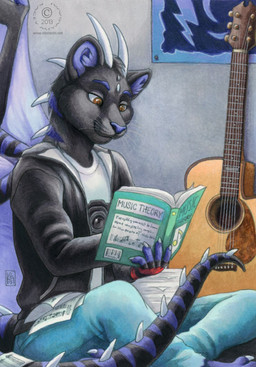 5_fingers acoustic_guitar anthro barefoot biped black_body black_fur blue_body blue_fur blue_nose book bottomwear brown_eyes claws clothed clothing crossed_legs feet fingers fully_clothed fur guitar holding_book holding_object horn jacket looking_down male membrane_(anatomy) membranous_wings musical_instrument pants plucked_string_instrument reading sheet_music shirt sitting smile solo spikes stack string_instrument stripes t-shirt tail topwear whiskers wings kacey mythology kazza dragon felid furred_dragon furred_scalie hybrid mammal mythological_creature mythological_scalie pantherine scalie 2013 detailed