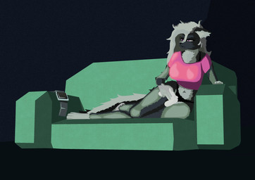 anthro clothing controller female furniture game_controller narrowed_eyes navel shirt sofa solo tail topwear live-mycologist-9048 mammal mephitid skunk absurd_res hi_res