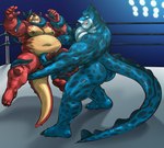 anthro balls belly big_belly blue_body butt duo erection fighting_ring genitals humanoid_genitalia humanoid_hands humanoid_penis male male/male moobs musclegut muscular nipples overweight overweight_anthro overweight_male penis red_body suckers suction_cup markwulfgar rumble_(movie) steve_(rumble) tentacular_(rumble) monster 2022 hi_res