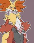 3_fingers anthro balls blush bodily_fluids censor_bar erection fingers genital_fluids genitals heart_symbol ineffective_censorship inner_ear_fluff male penis precum simple_background smile solo tuft nuwa_a_a_a nintendo pokemon delphox generation_6_pokemon pokemon_(species) 4:5 censored