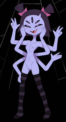 black_clothing black_legwear black_thigh_highs blush blush_lines clothing fangs female footwear footwear_only genitals gesture grey_clothing grey_legwear grey_thigh_highs hand_gesture legwear mostly_nude multi_arm multi_eye multi_limb multicolored_clothing multicolored_legwear multicolored_thigh_highs navel nipples nude pattern_clothing pattern_legwear pattern_thigh_highs pigtails purple_body socks socks_only solo striped_clothing striped_legwear striped_thigh_highs stripes teeth thigh_highs two_tone_clothing two_tone_legwear two_tone_thigh_highs v_sign vulva miscon undertale undertale_(series) muffet arachnid arthropod monster spider absurd_res hi_res