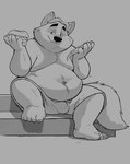 anthro balls_outline belly bottomwear bulge burger clothing detailed_bulge food genital_outline male moobs navel overweight overweight_male penis_outline pizza shorts sitting solo dj-rodney disney zootopia gideon_grey canid canine fox mammal red_fox true_fox 2021 hi_res monochrome