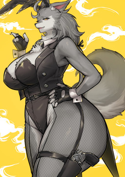 accessory anthro belt big_breasts black_bodysuit black_clothing black_nails black_skinsuit bodysuit bow_tie breasts bunny_costume chest_tuft cigarette cleavage clothed clothing collar colored_nails costume cuff_links fake_ears fake_rabbit_ears fangs female fingerless_gloves fishnet_clothing fishnet_legwear fur gloves grey_body grey_fur grey_hair hair hair_accessory hair_tie handwear headband holster jacket latex latex_clothing latex_skinsuit legwear leotard long_hair long_tail looking_at_viewer nails skinsuit smoke smoke_from_mouth snout solo straps tail teeth text thick_thighs tight_clothing topwear tuft yellow_eyes suurin_2 sanbaka!!! gagaka_verteus_(sanbaka!!!) canid canine canis mammal 2025 absurd_res digital_drawing_(artwork) digital_media_(artwork) hi_res portrait