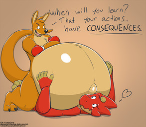 belly belly_smoosh big_belly bodily_fluids boxing_gloves clothing cum cum_inflation cum_inside genital_fluids handwear hyper hyper_pregnancy inflation male male/male navel outie_navel pregnant pregnant_male text under_belly pascal_(artist) nintendo oracle_of_ages oracle_of_seasons the_legend_of_zelda dimitri_(tloz) ricky_(tloz) dodongo kangaroo macropod mammal marsupial scalie english_text hi_res
