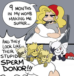 ambiguous_gender anthro blonde_hair female fur group hair neonate text young corruptedcryptid nine_months_in_my_womb_making_me_suffer umbra_(defunctumbra) z_(corruptedcryptid) domestic_cat felid feline felis human mammal english_text hi_res meme