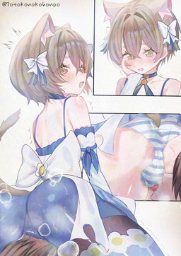 accessory ball_lick balls blush bodily_fluids bow_ribbon brown_hair clothed clothing crossdressing crossdressing_male duo eyebrows facesitting femboy genitals hair hair_accessory hair_bow hair_ribbon legwear licking male male/male male_facesitting_male nervous nervous_sweat not_furry oral panties panty_bulge pantyhose pattern_clothing pattern_underwear raised_inner_eyebrows ribbons sex simple_background sitting sitting_on_another solo_focus striped_clothing striped_underwear stripes sweat tail text thigh_highs tongue underwear white_background otokonokohonpo re:zero ferris_argyle animal_humanoid cat_humanoid felid felid_humanoid feline feline_humanoid human humanoid mammal mammal_humanoid 2025 absurd_res artist_name hi_res