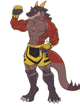 anthro bottomwear clothed clothed_male clothing handwear male male_anthro mma mma_gloves pose scar shorts simple_background solo yellow_bottomwear yellow_clothing yellow_shorts v1p3rw01f undefeated bruce_(undefeated) dinosaur prehistoric_species reptile scalie hi_res