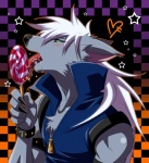 alternative_fashion anthro armlet black_nose blue_eyes blush bodily_fluids bracelet candy checkered checkered_background chest_tuft claws clothed clothing dessert food fur grey_body grey_fur hair heart_symbol j-fashion jewelry kemono licking lollipop long_hair male open_mouth pattern_background saliva shirt simple_background solo studded_armlet studded_bracelet studded_jewelry studs teeth tongue tongue_out topwear tuft visual_kei white_hair y2k_(graphic_design) zipper inumania pretty_cure smile_pretty_cure wolfrun canid canine canis mammal wolf 2013 icon