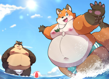 anthro belly big_belly blush bulge clothing cloud detailed_background detailed_bulge duo kemono male moobs nipples one_eye_closed open_mouth outside overweight overweight_male sun swimwear water wink kusosensei shoutaro canid canine fox mammal raccoon_dog tanuki 2025
