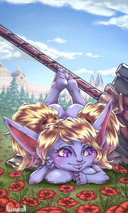 areola big_butt big_ears blonde_hair blue_body blue_fur blush breasts butt cloud eyelashes feet_up female flower front_view fur grass hair hammer humanoid_pointy_ears lying nude on_front pigtails plant pointy_ears poppy_(flower) purple_areola purple_eyes sky smile snaggle_tooth solo tools nixonison league_of_legends riot_games tencent poppy_(lol) humanoid yordle 3:5 absurd_res hi_res