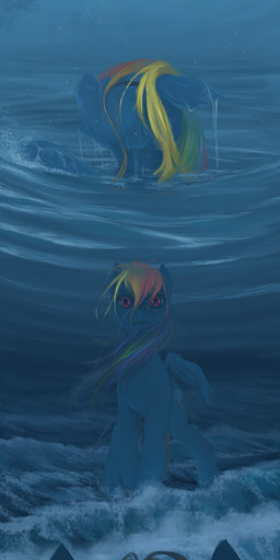 blue_body blue_feathers blue_fur cutie_mark detailed_background dripping eyes_closed feathered_wings feathers female feral fur hair looking_at_viewer multicolored_hair nightmare_fuel open_mouth pink_hair rainbow_hair sea solo sun swimming underwater water wave wet wings fruitbloodmilkshake friendship_is_magic hasbro my_little_pony mythology rainbow_dash_(mlp) equid equine mammal mythological_creature mythological_equine pegasus 2012 absurd_res comic hi_res long_image tall_image
