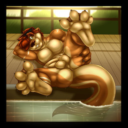 anthro anus backsack balls biped butt erection eyewear feet foreskin genitals hair hair_over_eye humanoid_genitalia humanoid_penis looking_at_viewer male membrane_(anatomy) nude one_eye_obstructed outside paws penis perineum poolside pose presenting presenting_hindquarters raised_leg smile solo spread_butt spread_legs spreading sunglasses tail toes water webbed_feet bloo ferloo mammal mustelid otter 2013 hi_res