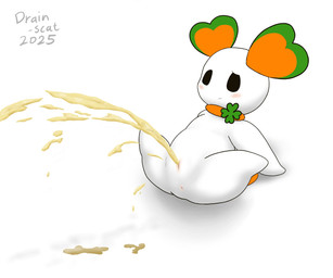 anthro anus bodily_fluids clover_(plant) clover_leaf female frown genital_fluids genitals leaf lying on_back peeing plant reclining simple_background solo spread_legs spreading urine vulva watersports white_background white_body young young_female drain_scat lalapi 2025 6:5 absurd_res hi_res