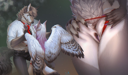 anthro anus biped bottomwear butt claws clothed clothed_anthro clothed_female clothed_male clothing duo feathers female fingers front_view fully_clothed fully_clothed_anthro fully_clothed_male fur genitals hair male rear_view sitting smile standing tail teeth topwear vulva wings lanhai canid canine canis fox mammal wolf 2026 digital_drawing_(artwork) digital_media_(artwork) hi_res