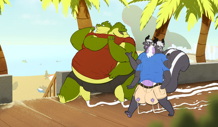 2_heads anthro balls beach big_balls big_penis blue_clothing blue_shirt blue_topwear blurred_foreground boardwalk bodily_fluids bottomwear city city_background claws clothing container cum cup duo electronics finger_claws fluffy fluffy_tail foreskin genital_fluids genitals happy horn huge_balls huge_penis humanoid_genitalia humanoid_penis hyper hyper_balls hyper_genitalia hyper_penis leaking_cum long_foreskin looking_at_another looking_at_object looking_at_phone male male/male multi_genitalia multi_head multi_penis obese obese_male overweight overweight_male palm_tree penis penis_poking_out penis_through_leghole penis_through_neckhole phone plant public public_exposure red_clothing red_shirt red_topwear sand shirt shorts silhouette sunny t-shirt tail talking_to_another teats toe_claws topwear tree udder_balls udders walking maxmulticroc farnix max_(maxmulticroc) crocodile crocodilian mammal mephitid reptile scalie skunk absurd_res hi_res