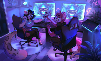 5_fingers anthro barefoot big_breasts black_hair black_nose book bottomwear breasts bridge_piercing chair cleavage clothed clothing computer_keyboard computer_mouse desk detailed_background duo ear_piercing ear_ring electronics eyes_closed facial_piercing fangs feet female fingers fur furniture gaming_chair gesture hair headphones headphones_around_neck high_five inner_ear_fluff inside male markings midriff monitor nose_piercing open_mouth open_smile pants pawpads piercing pillow plant ring_piercing shelf shirt short_hair sitting smile soles spots spotted_body spotted_fur t-shirt table teeth topwear tuft nikodart league_of_legends riot_games tencent canid canine felid mammal pantherine snow_leopard 2023 absurd_res hi_res