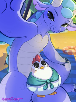ambiguous_gender beach beak black_eyes blush camera claws eyelashes feet female flotation_device hand_on_knee hand_on_leg hindpaw holding_camera holding_object horn looking_at_viewer looking_up looking_up_at_another notched_ear outside paws purple_body purple_scales sand scales selfie shawl sitting standing towel umbrella water wings conditional_dnp sefeiren mythology steam_sale_chicken steam_sale_dragon avian bird chicken dragon galliform mythological_creature mythological_scalie phasianid scalie 3:4 hi_res