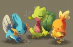 ambiguous_gender eyes_closed feral group open_mouth simple_background starter_trio tongue cuteskitty nintendo pokemon avian bird generation_3_pokemon lizard mudkip pokemon_(species) reptile scalie torchic treecko