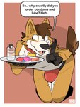 anthro bent_over biped blush bodily_fluids bulge clothed clothing collar condom hair holding_object hunched_over jockstrap jockstrap_only lube lube_bottle male male_anthro nervous nervous_smile open_mouth sexual_barrier_device simple_background smile solo standing sweat tail text tongue topless topless_anthro topless_male underwear underwear_only unused_condom waiter waiter_tray wrapped_condom sodacaps scott_(corgipudding) canid canine canis domestic_dog herding_dog mammal pastoral_dog welsh_corgi absurd_res english_text hi_res